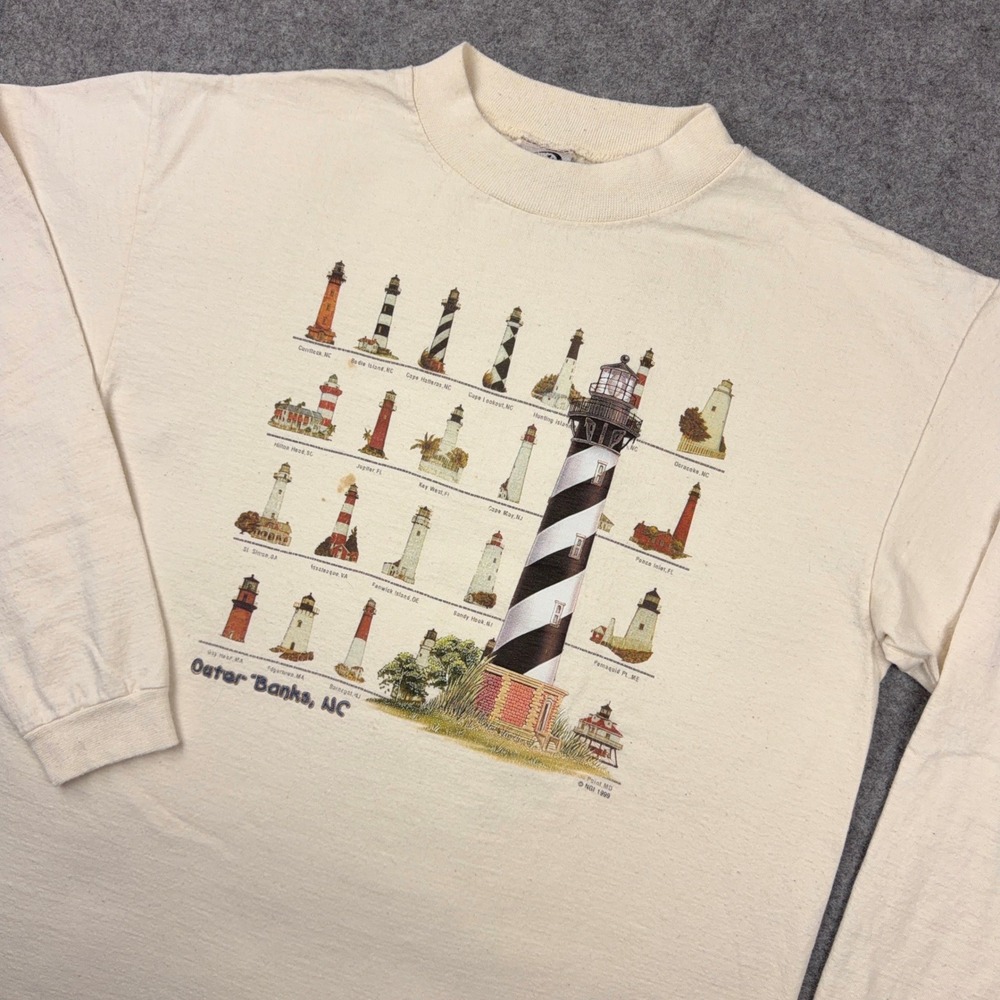 VTG Lighthouse Shirt Mens Large Cream Made in USA Outer Banks NC Graphic Tee 90s